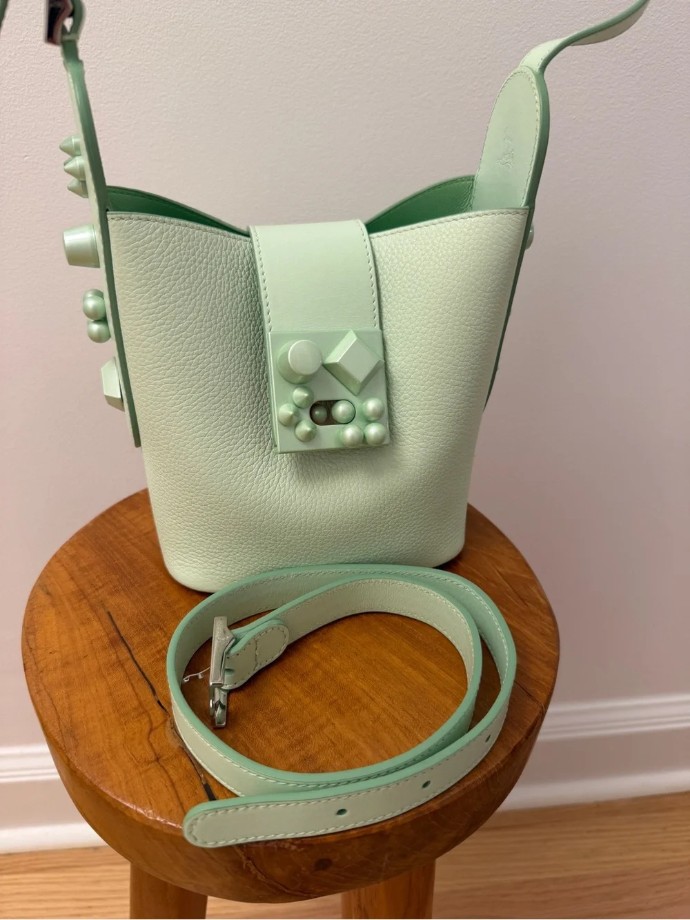 CHRISTIAN LOUBOUTIN Green Pebbled Leather Carasky Bucket Bag